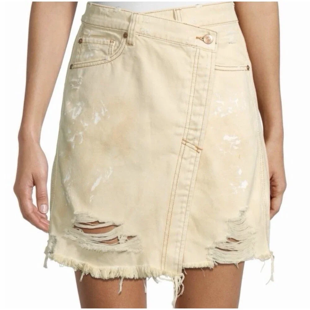 Free People Women's Butter Cream Denim Distressed Parker Wrap Skirt Size 31